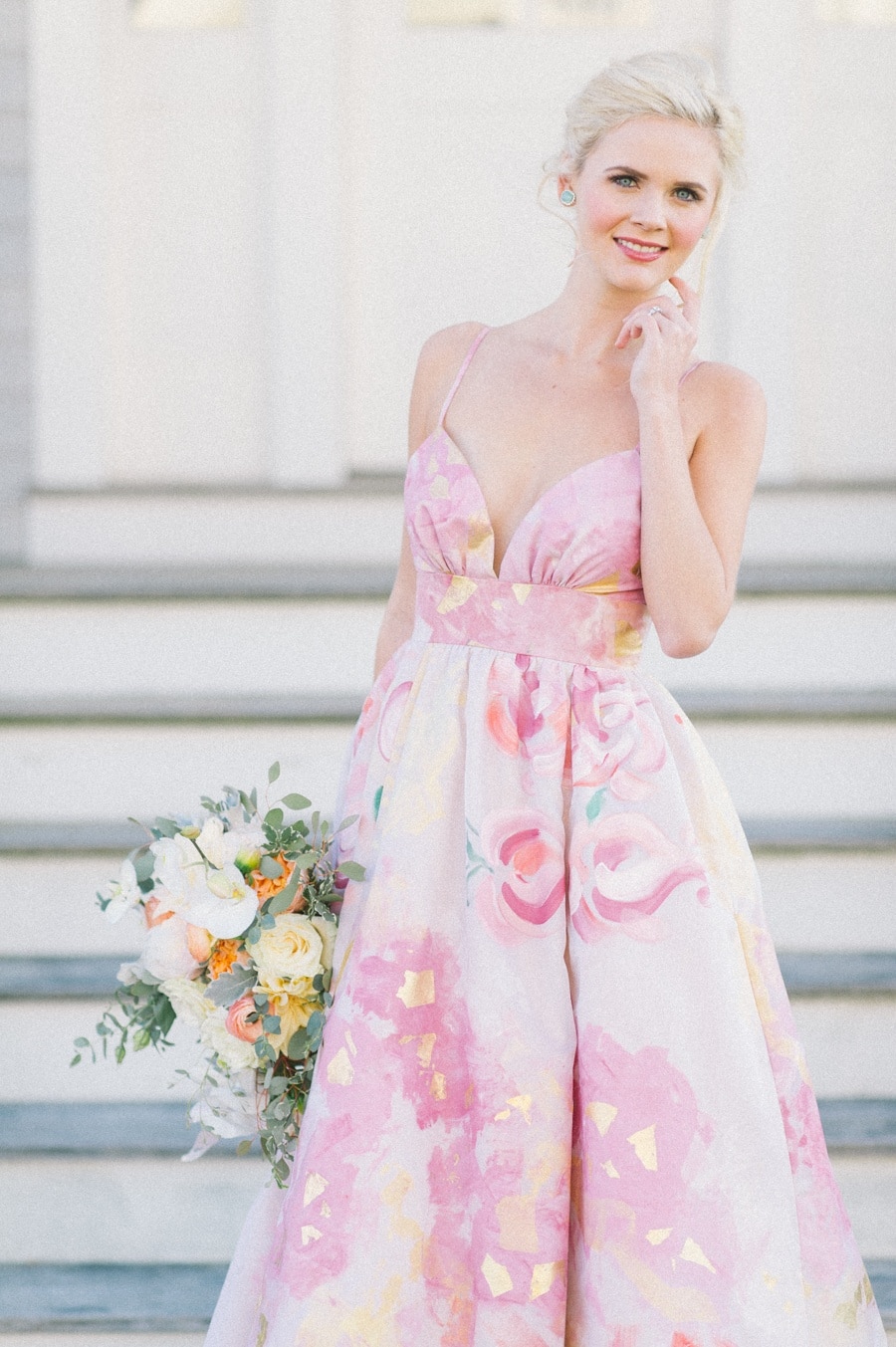 Floral Print Wedding Dress | Kat Harris Photography | https://heyweddinglady.com/playful-pink-gold-preppy-bridal-shoot/ Pink and Gold Floral Print Wedding Dress